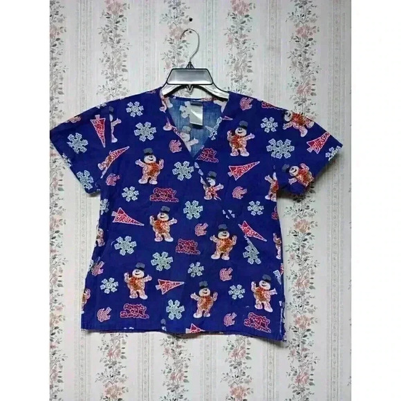CHRISTMAS Frosty the Snowman Blue Medical SCRUB TOP Size XS Cool And Chilly - Picture 1 of 7